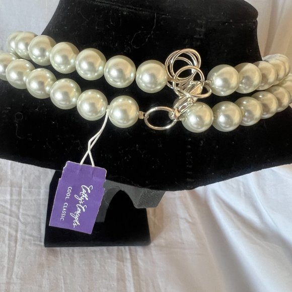 Cathy's Concepts Faux Double Strand Pearl Necklace Silver White Choker 16" - Picture 4 of 10
